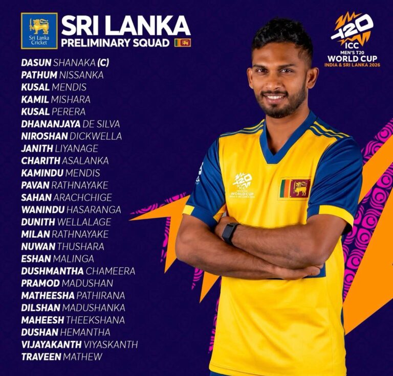 Sri Lanka Announces Preliminary Squad for ICC Men's T20 World Cup 2026 Tournament